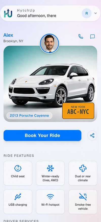 HytchUp passenger booking app interface for private drivers and chauffeur services