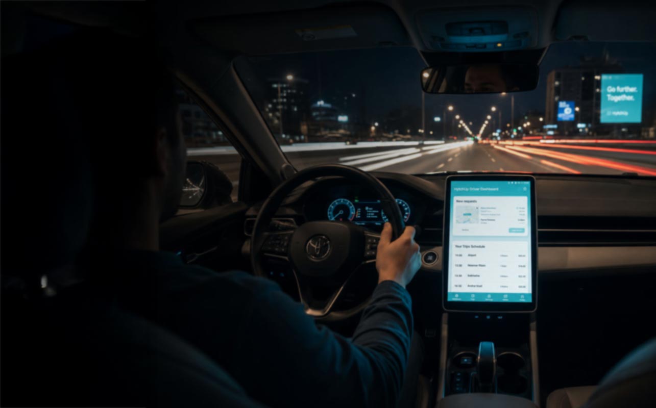 Independent chauffeur driver perspective inside vehicle at night holding steering wheel next to HytchUp private driver booking app showing how to keep 100% of passenger fares
