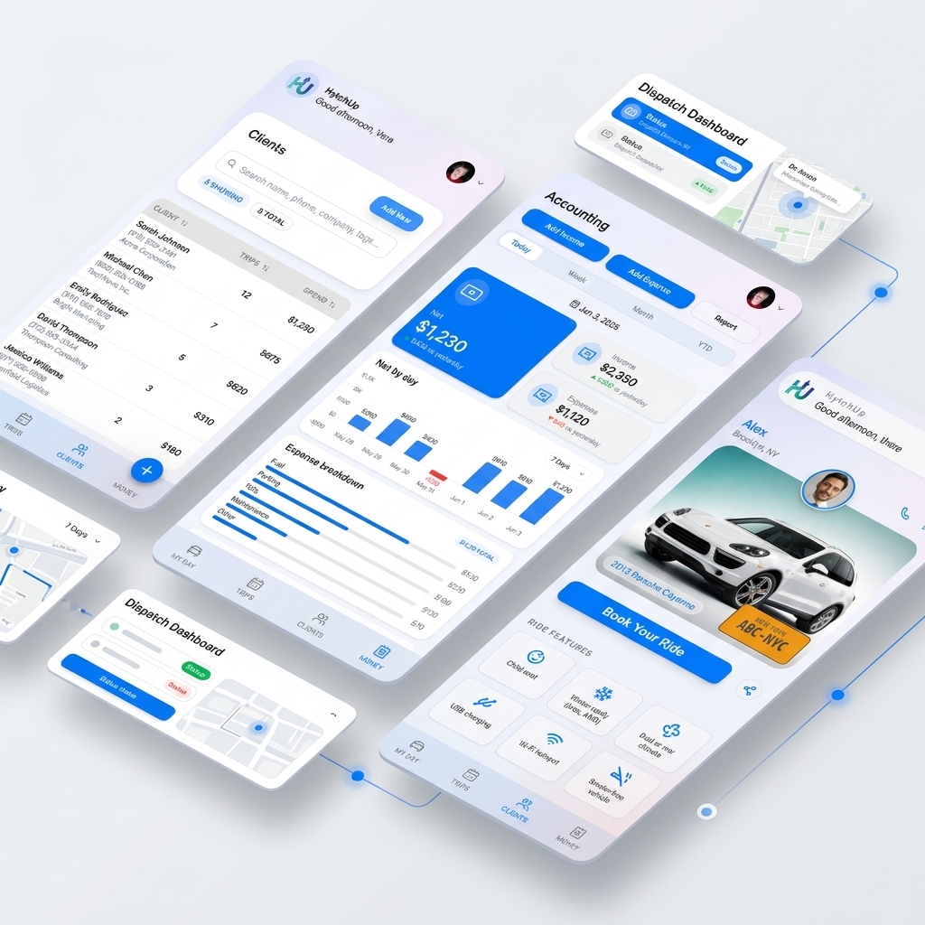 HytchUp private driver booking app mockup showing chauffeur dispatch system, passenger scheduling, CRM database, and expense tracker
