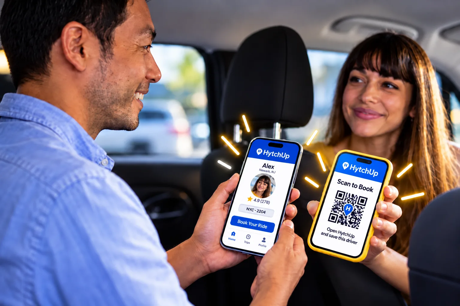 Conductor independiente y pasajero usando perfiles de reservas directas y códigos QR de HytchUp