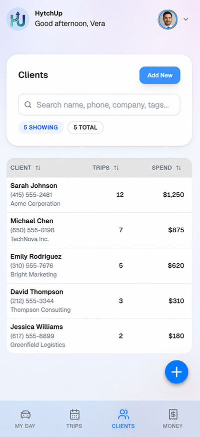 Livery driver CRM passenger database profile details dashboard screen