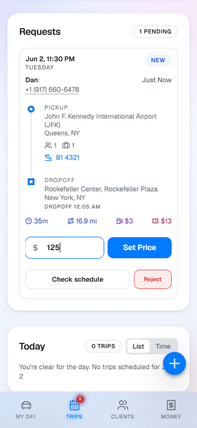 HytchUp chauffeur dispatch software calendar and ride routing dashboard
